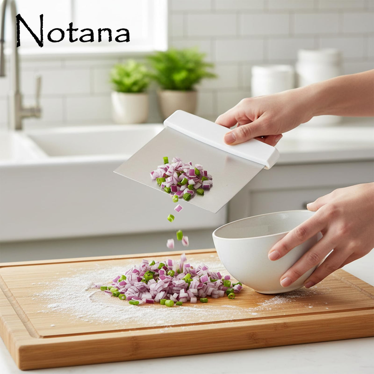 Notana stainless steel scraper surface cleans easily to keep countertops tidy