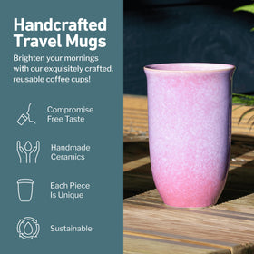 Nova Ceramics 12oz travel mug shows precise dimensions for a perfect cup holder fit