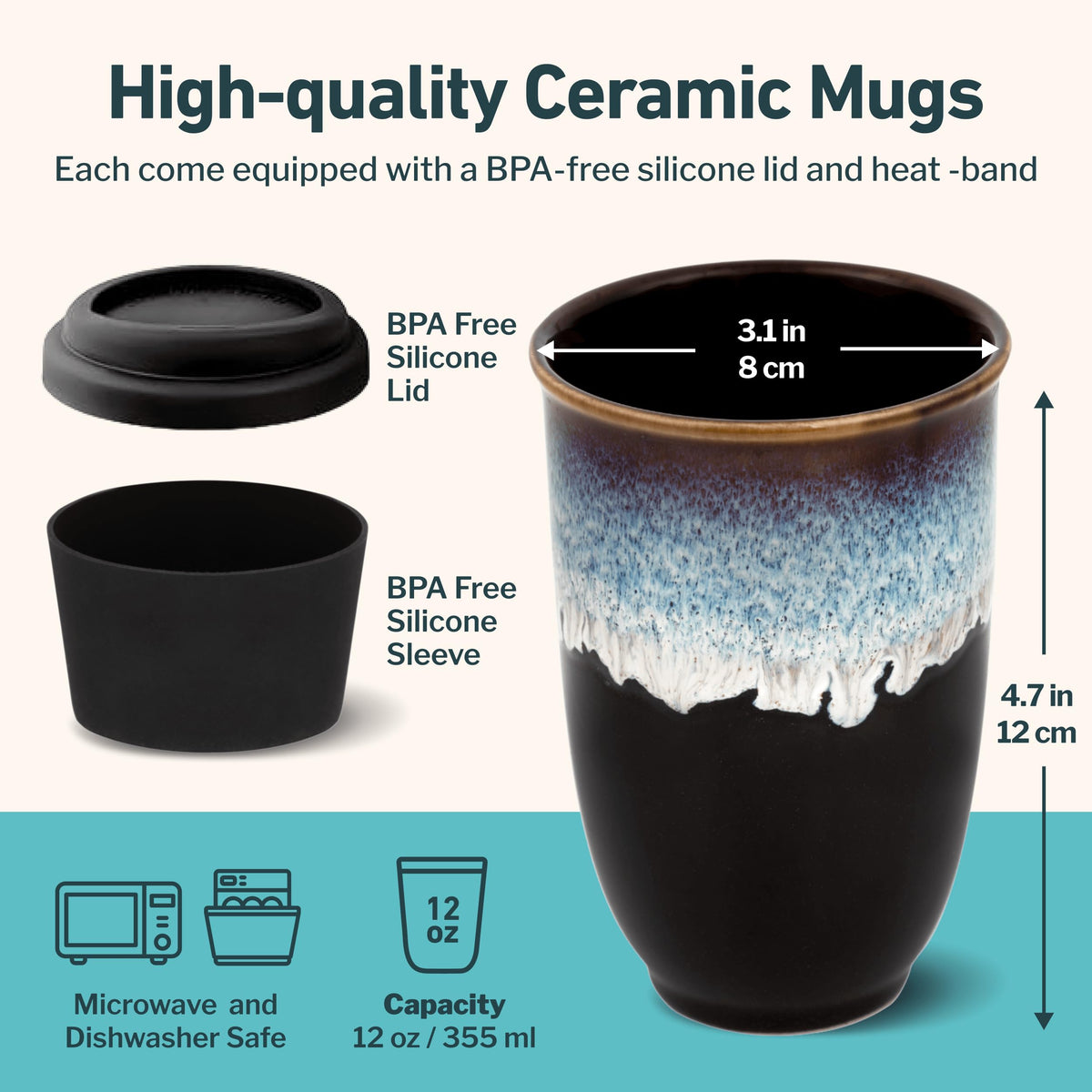 NOVA CERAMICS 12oz mug shown in dishwasher-safe design for easy cleanup.