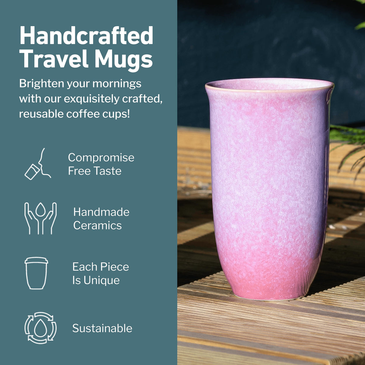 Nova Ceramics Astral Bloom mug in cup holder, fits most car setups.