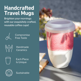 Nova Ceramics travel mug with lid in coral pink, keeps beverages hot safely