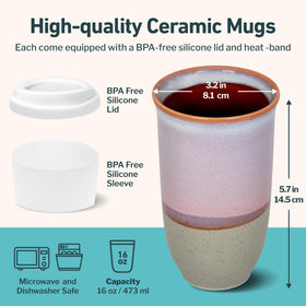NOVA CERAMICS coffee travel mug horizon design, featuring purple and maroon glaze on a neutral base.
