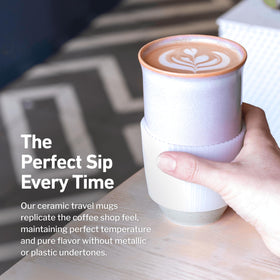 NOVA CERAMICS coffee travel mug in hand, emphasizing comfortable grip and ergonomic size.