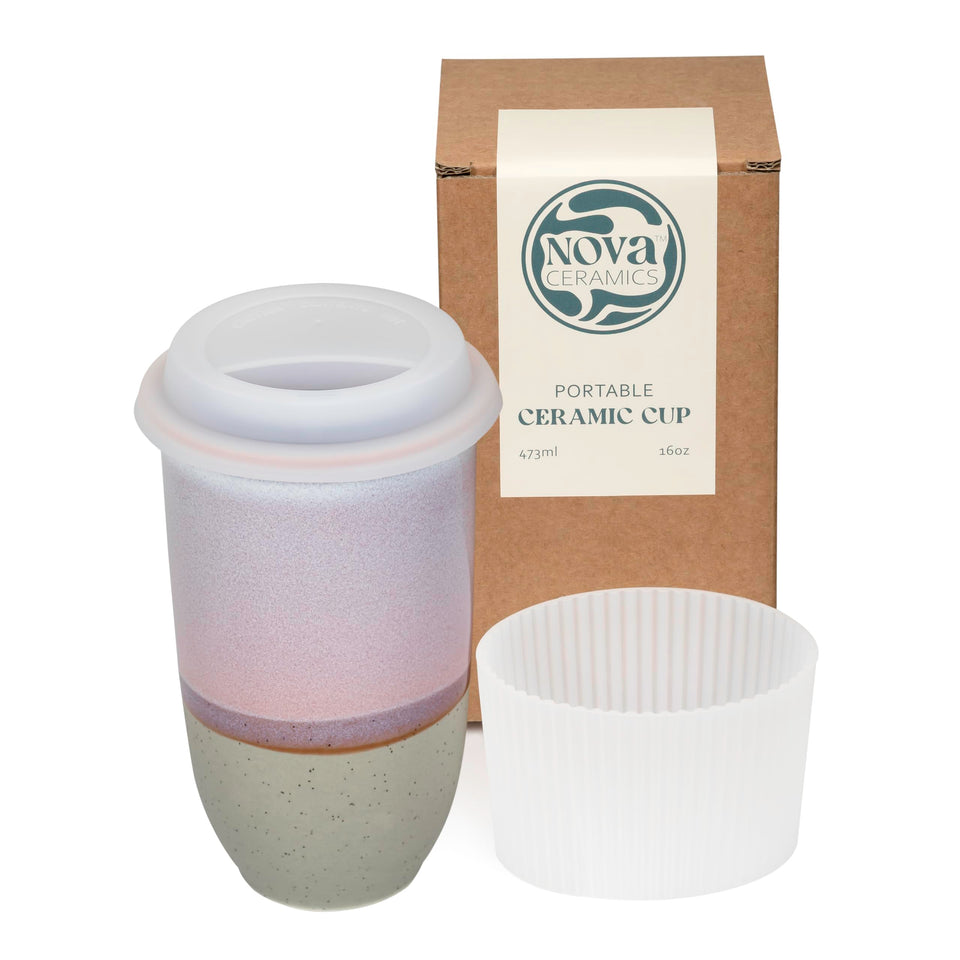 NOVA CERAMICS coffee travel mug with lid, ideal for on-the-go use and spill-free portability.