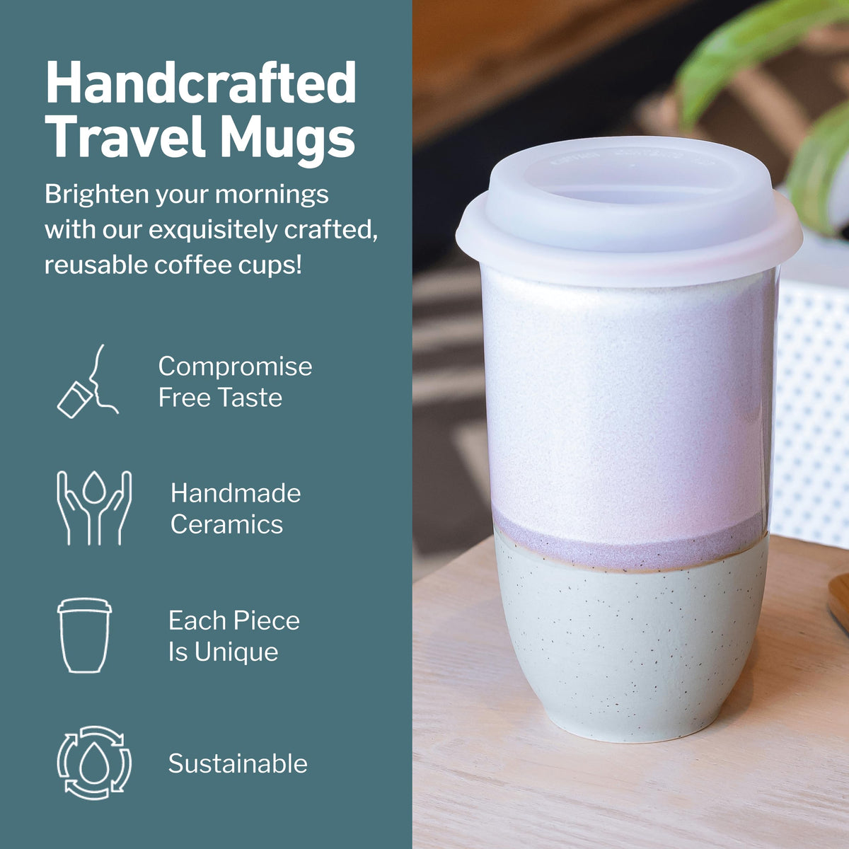 NOVA CERAMICS coffee travel mug side view, showcasing twilight-inspired glaze for a stylish daily routine.