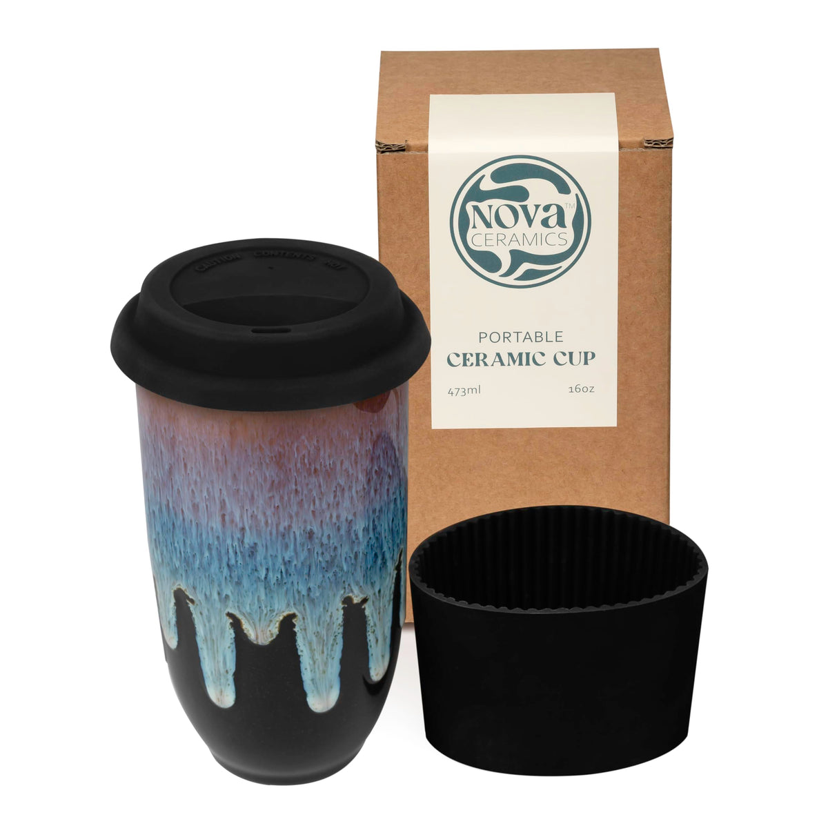 Nova Ceramics Monsoon blue running glaze tumbler for on-the-go coffee with preserved flavor.