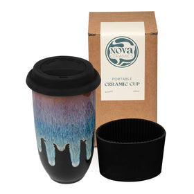 Nova Ceramics Monsoon blue running glaze tumbler for on-the-go coffee with preserved flavor.
