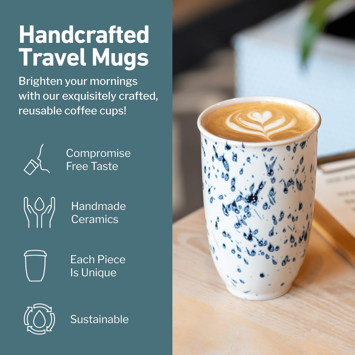 Nova Ceramics Orchid travel mug body showing white ceramic with blue orchid splashes