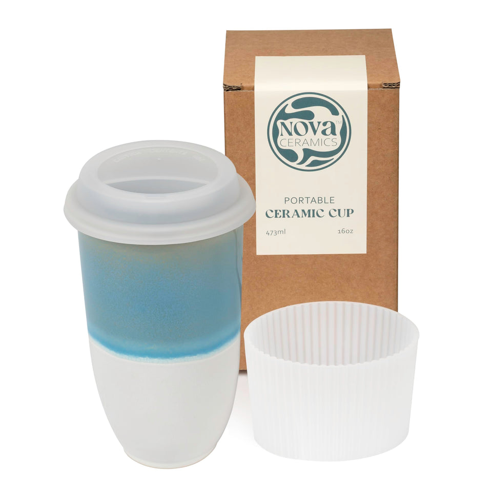 Nova Ceramics Travel Coffee Tumbler Lagoon glaze close-up showing handcrafted texture for pure taste