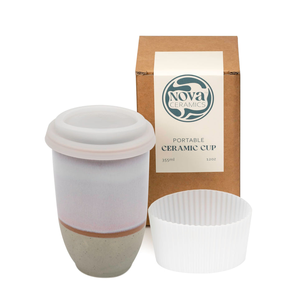 Nova Ceramics Travel Mug 12oz with twilight horizon glaze keeps coffee hot on the go