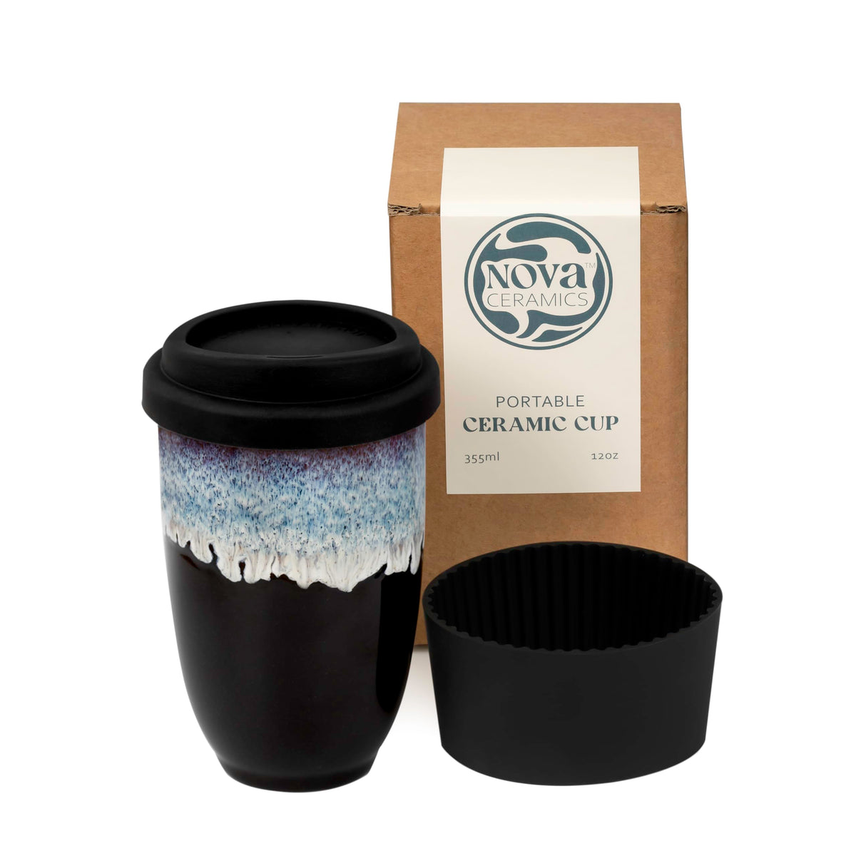 NOVA CERAMICS travel mug with blue running glaze preserves flavor on the go.