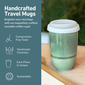 NOVA CERAMICS Emerald green glaze travel mug fits car cup holders securely for travel