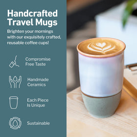 Nova Ceramics travel mug glaze close-up highlights purple-maroon sheen on a grey base