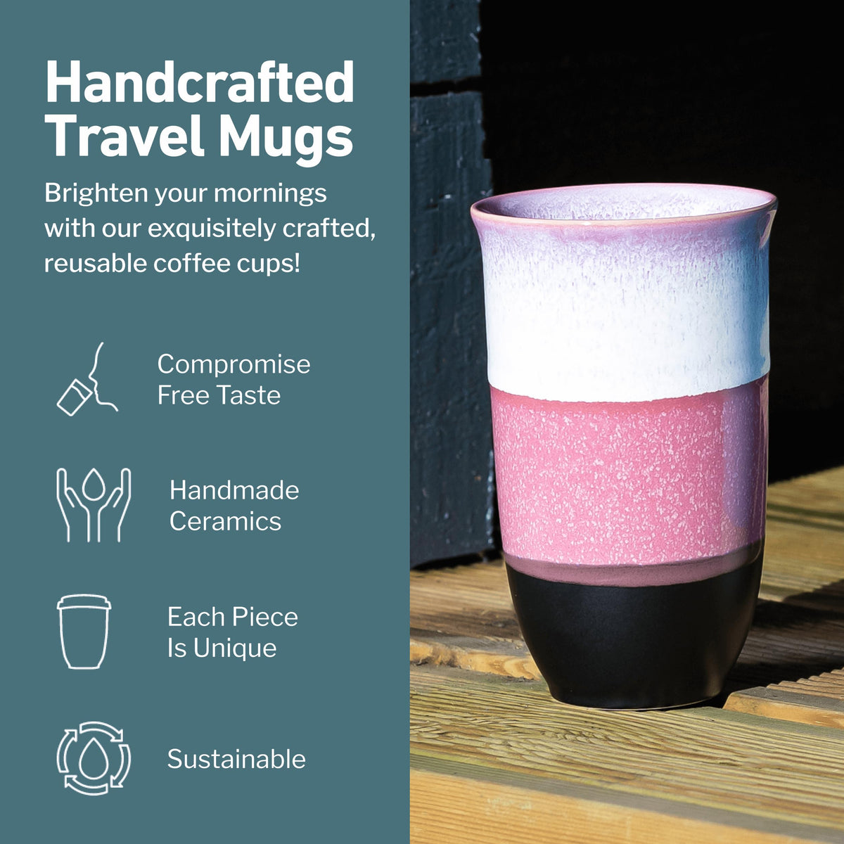 Nova Ceramics travel mug lid and handle for easy gripping