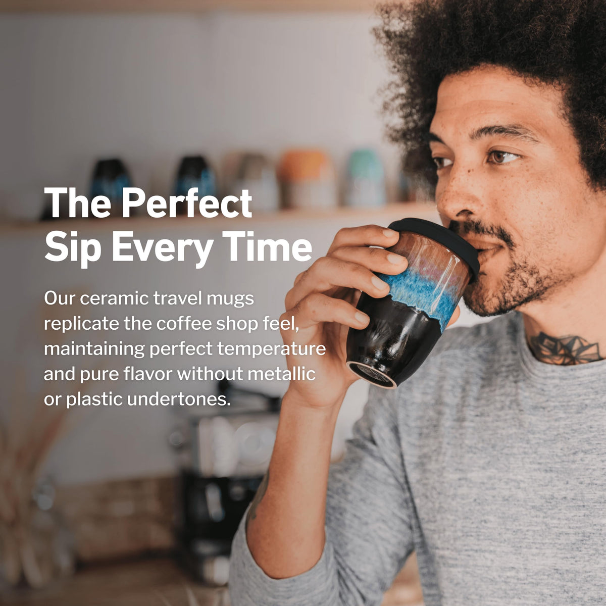 NOVA CERAMICS microwave-friendly travel mug fits car cup holders for on-the-go coffee.