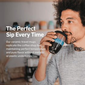 NOVA CERAMICS microwave-friendly travel mug fits car cup holders for on-the-go coffee.
