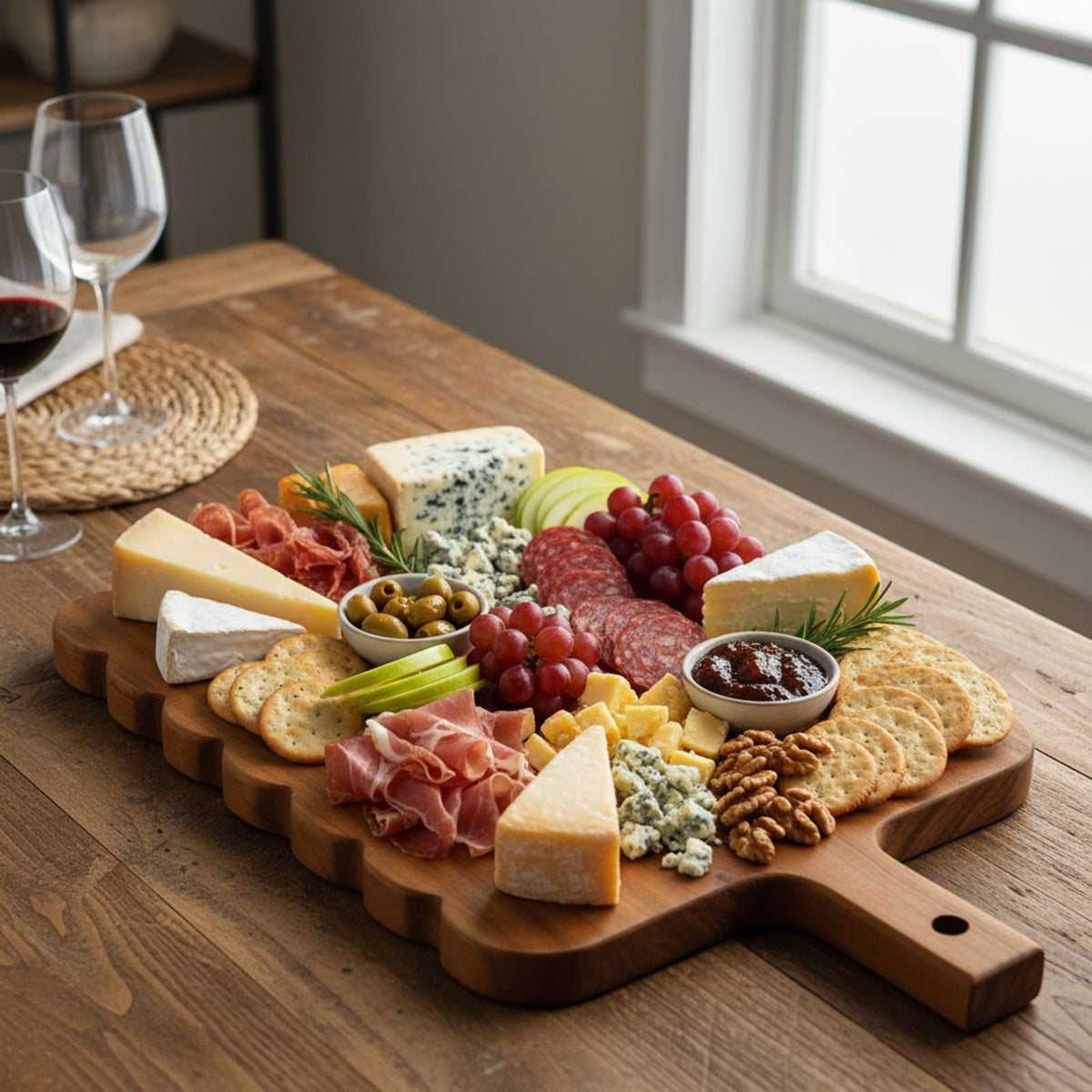 Novabright farmhouse kitchen decor doubles as stylish display for desserts and charcuterie.