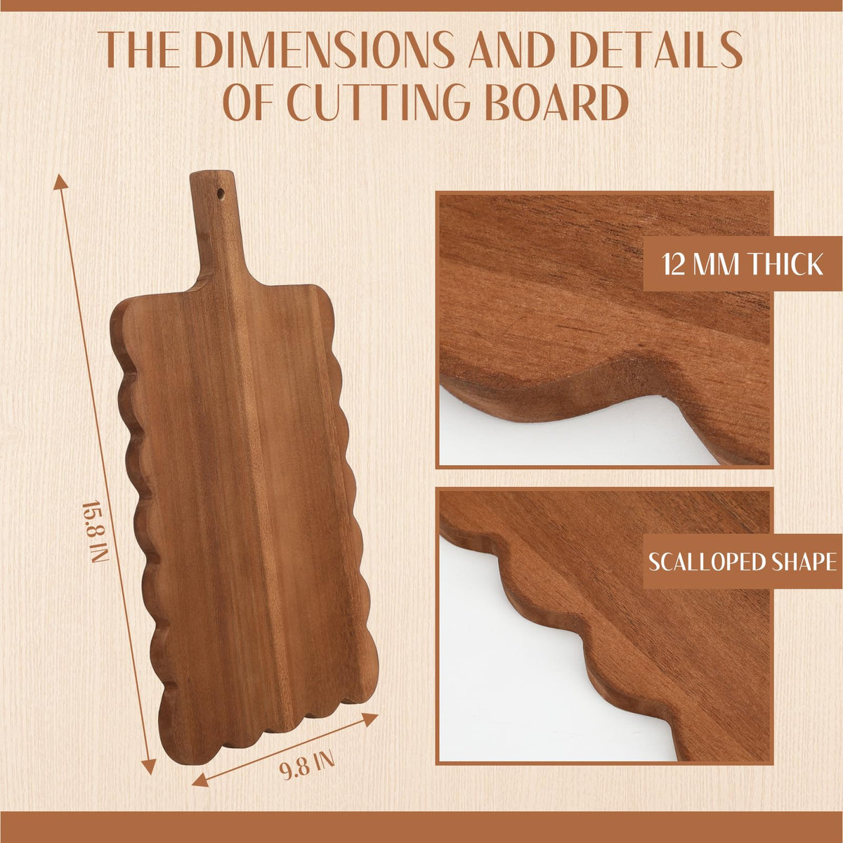 Novabright scalloped wood cutting board with handle for easy transport to table or patio.