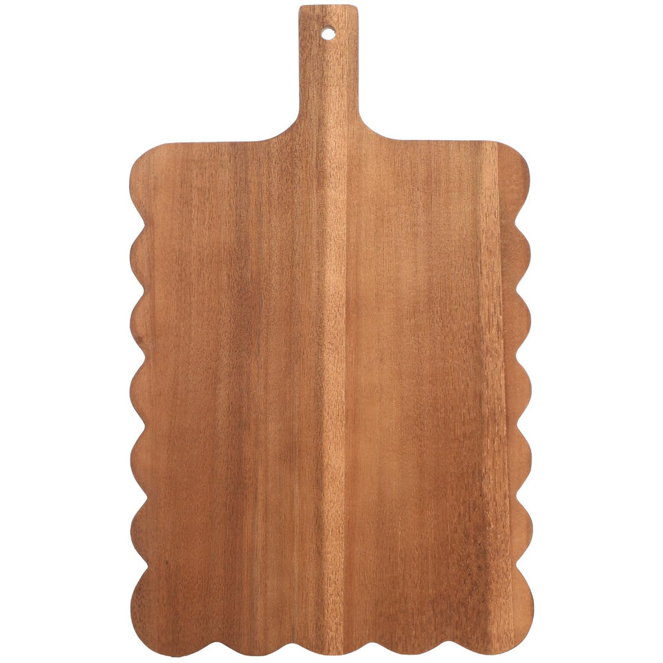 Novabright scalloped wood cutting board ideal for serving and prep in rustic kitchens.