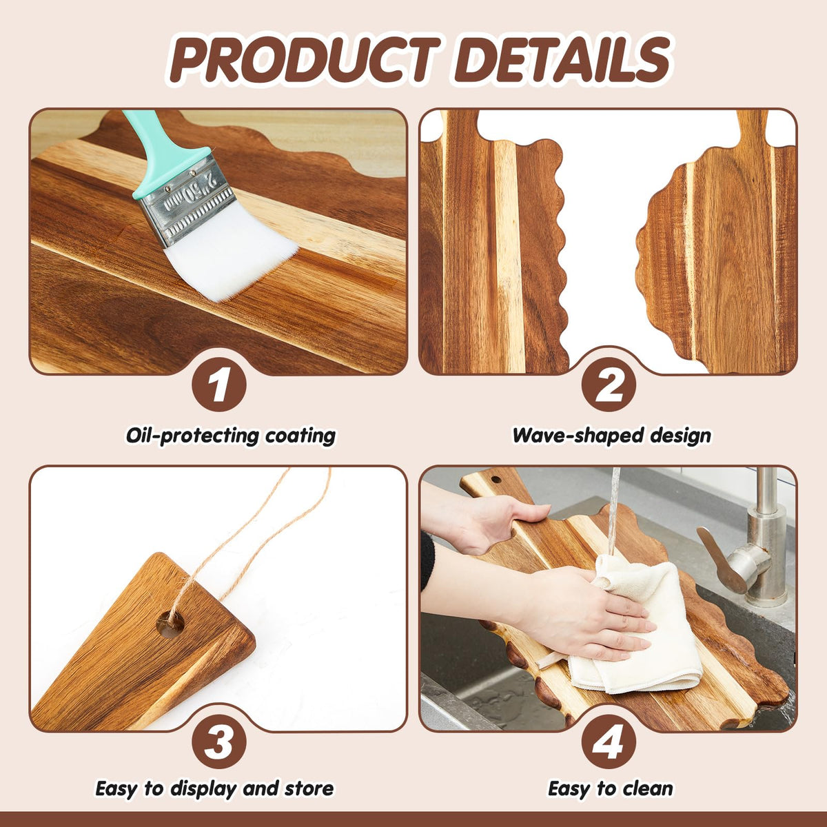 Novabright wave-edge acacia wood board with ergonomic grip for transport.