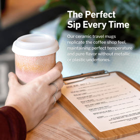 NOVA CERAMICS mug fits car cup holders for on-the-go coffee.