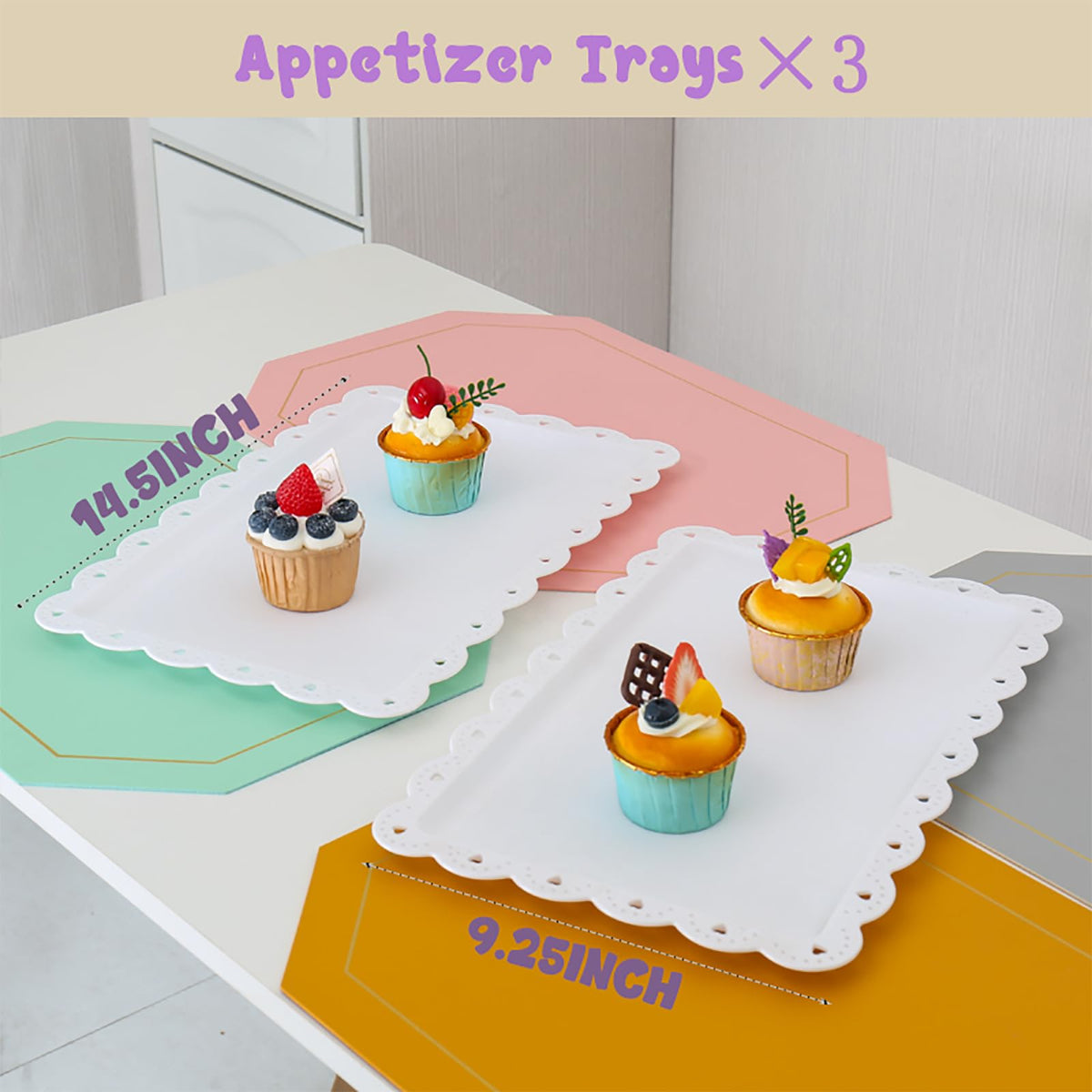 NovaHF three-piece appetizer trays showcase finger foods with elegance.