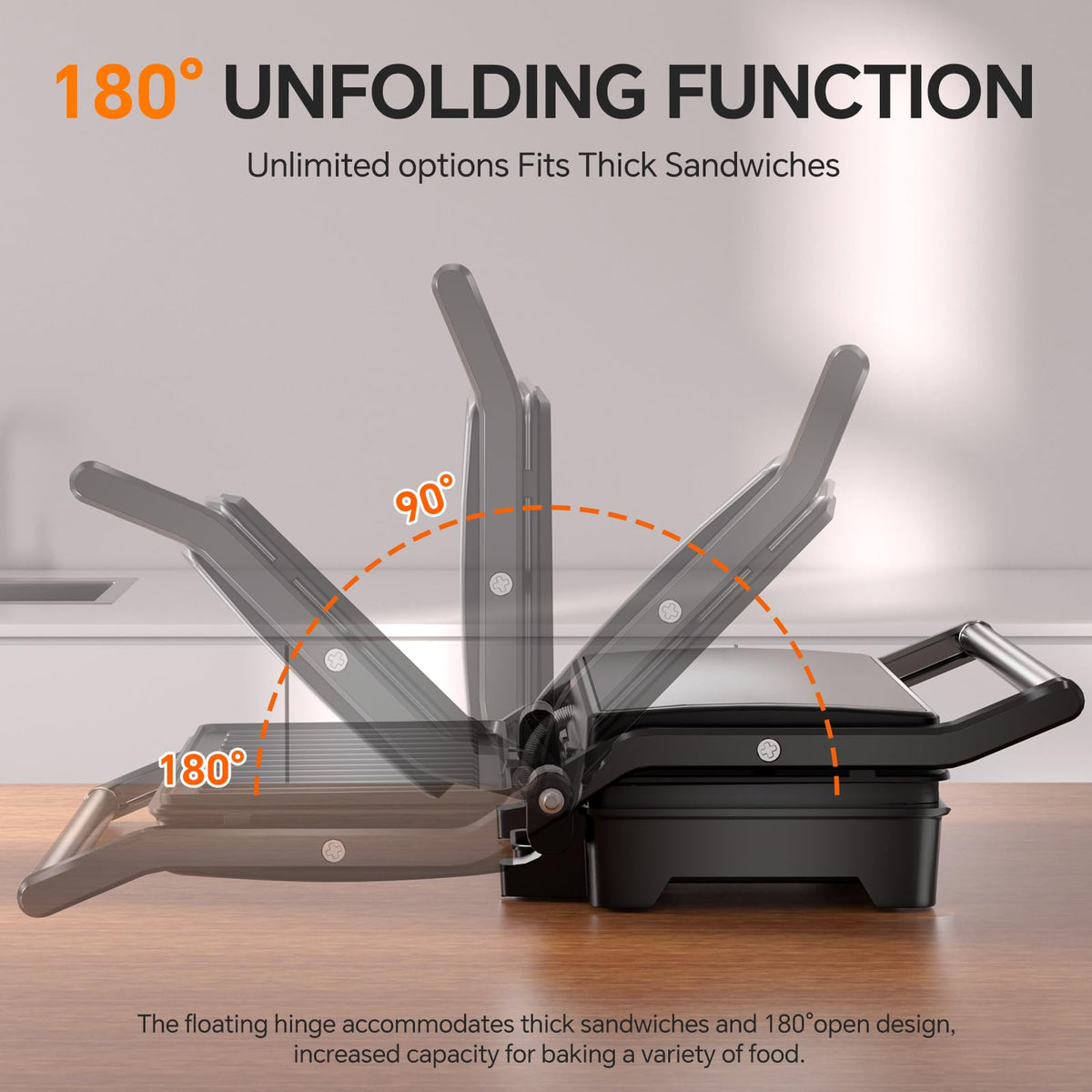 Novalife Panini Press Grill opened to 180 degrees for large items.