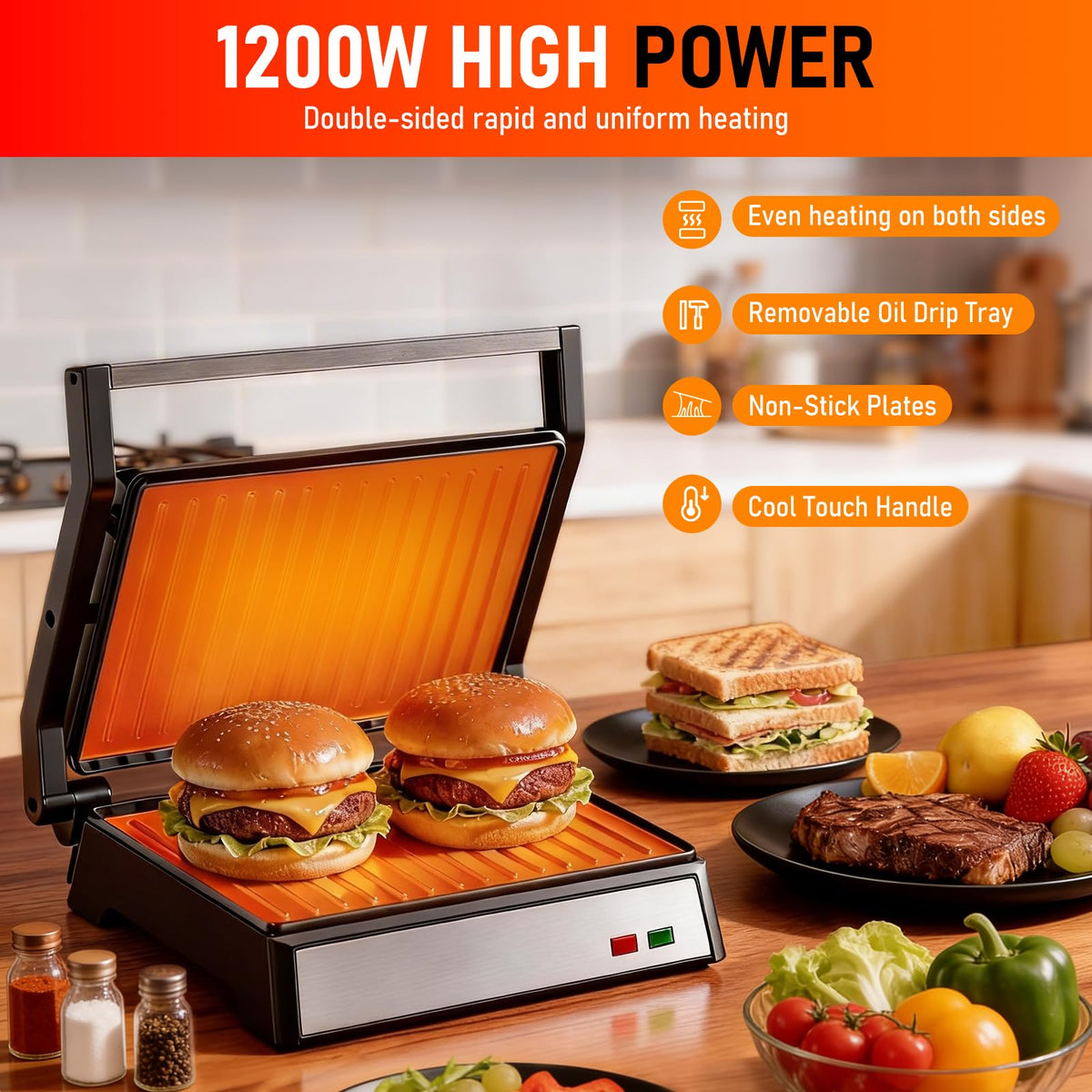 Novalife Panini Press Grill in 180-degree opening demonstrates extra space for thick fillings.
