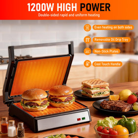 Novalife Panini Press Grill in 180-degree opening demonstrates extra space for thick fillings.