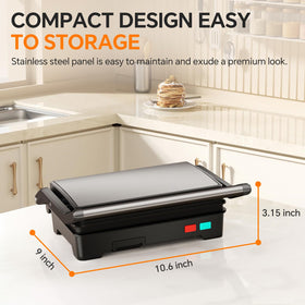 Novalife Panini Press Grill non-stick plates simplify post-cook cleanup.