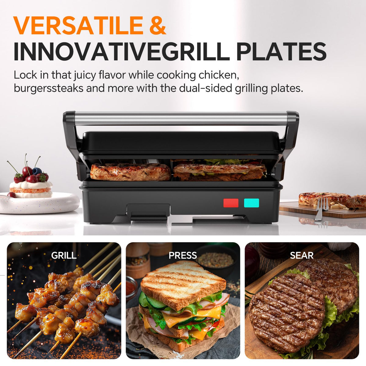 Novalife Panini Press Grill with floating hinge for thick or thin sandwiches.