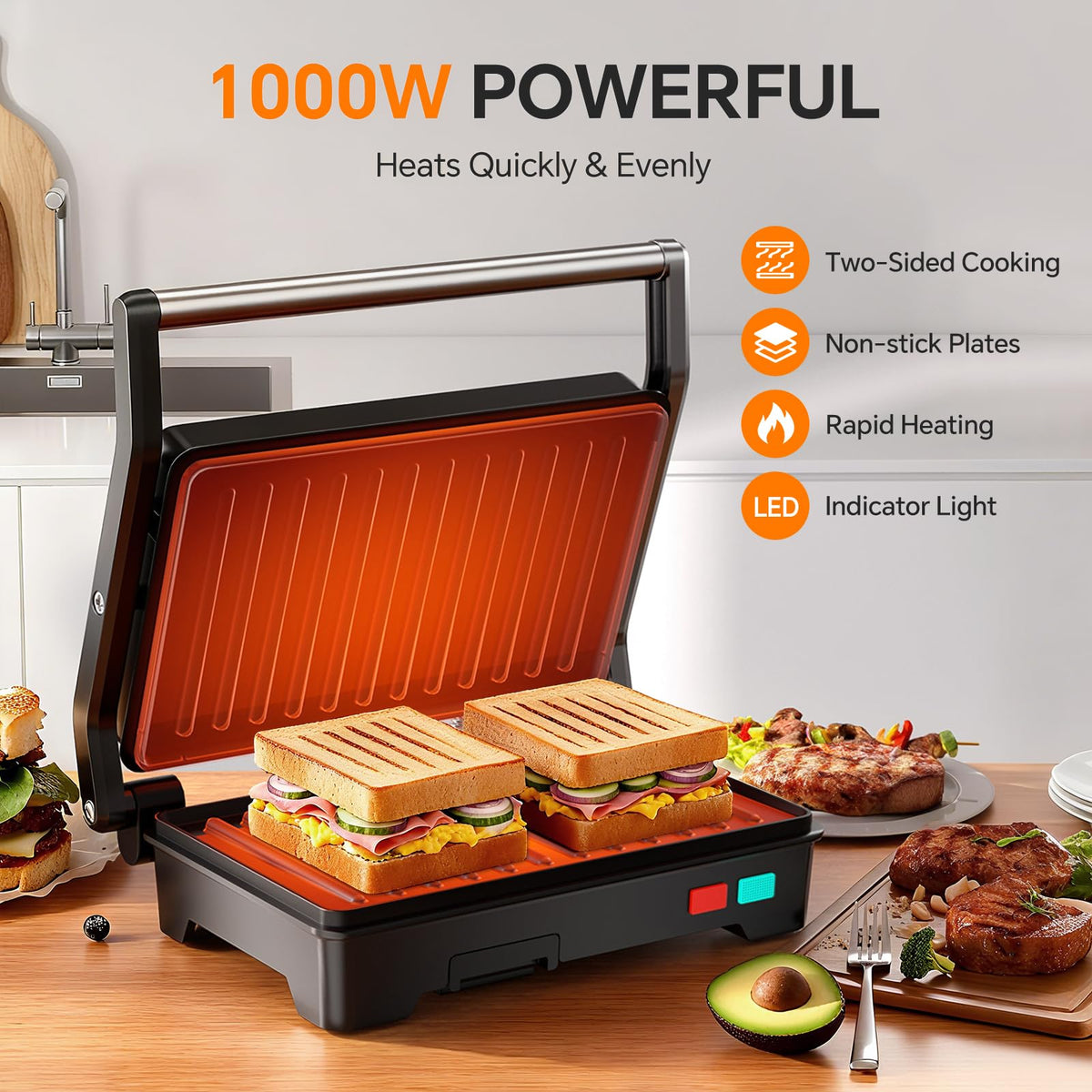 Novalife Panini Press Grill showing removable drip tray during meal prep.