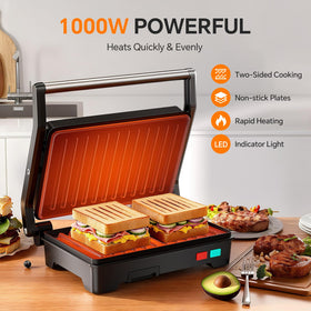 Novalife Panini Press Grill showing removable drip tray during meal prep.