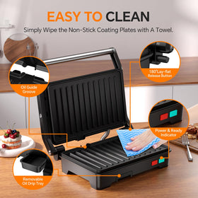 Novalife Panini Press Grill stainless steel exterior for easy cleaning.