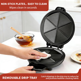 Novalife Quesadilla Maker locking latch keeps fillings secure while cooking