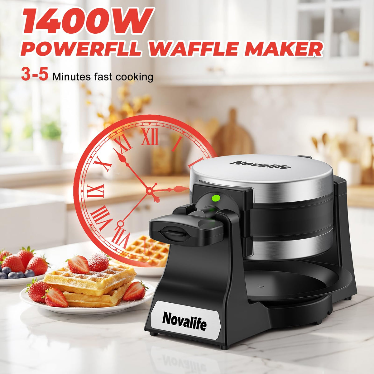 Novalife 180 degree rotating system ensures even batter distribution and crispy edges.