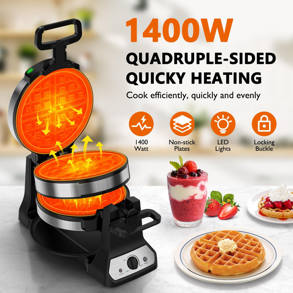 Novalife waffle maker performing 180° flip for even cooking