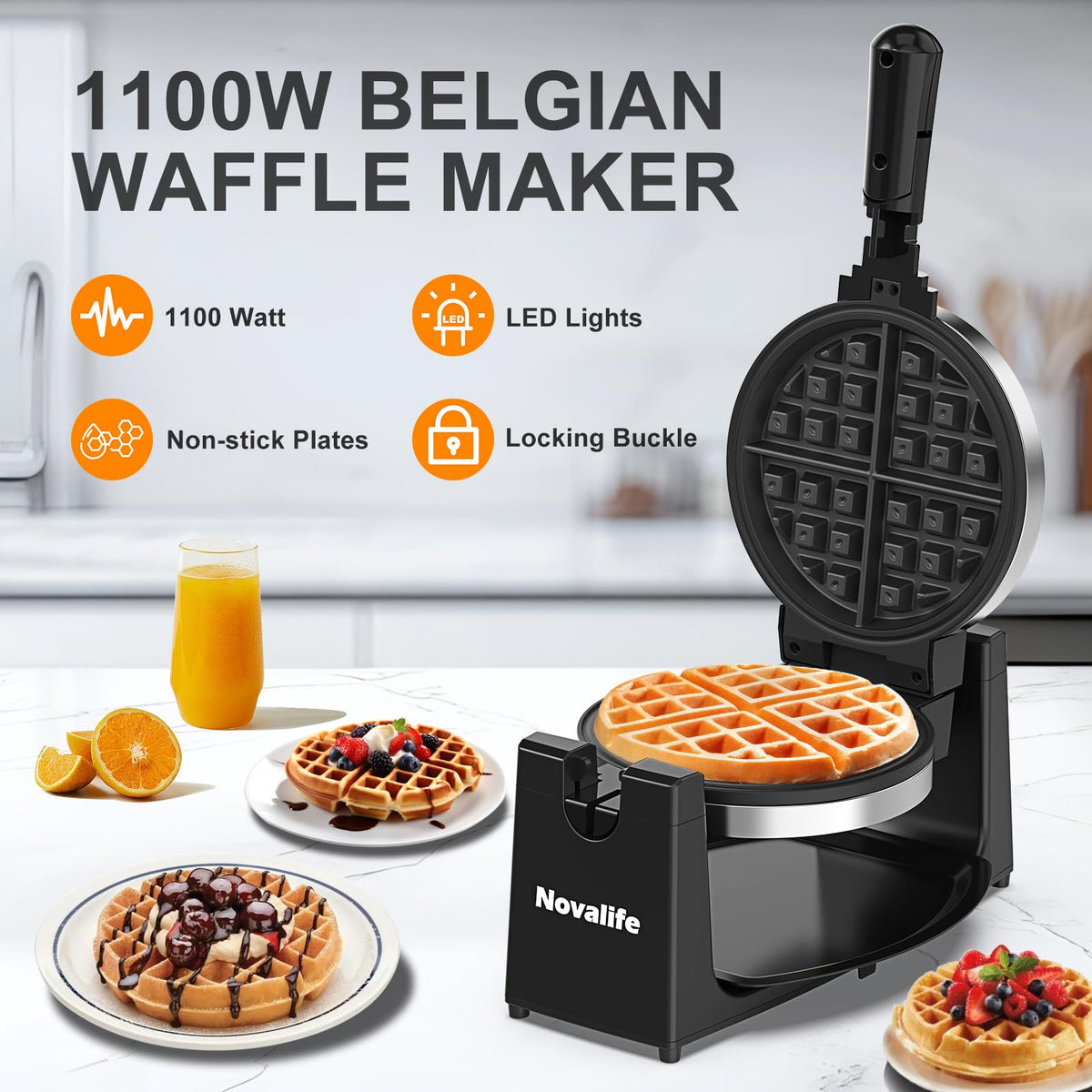 Novalife waffle maker 180° flip in action for even batter distribution.