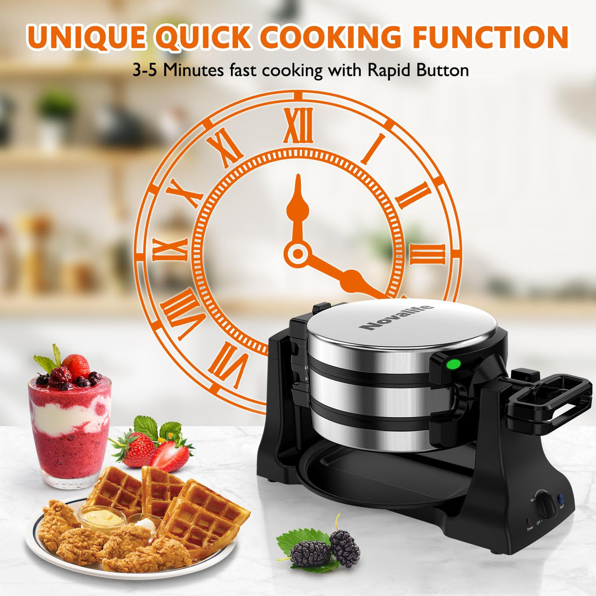 Novalife 180° flip delivers even batter distribution for consistent waffles.