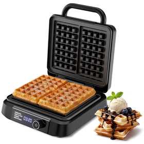 Novalife 2-slice waffle maker showing thick Belgian pockets for fluffy centers
