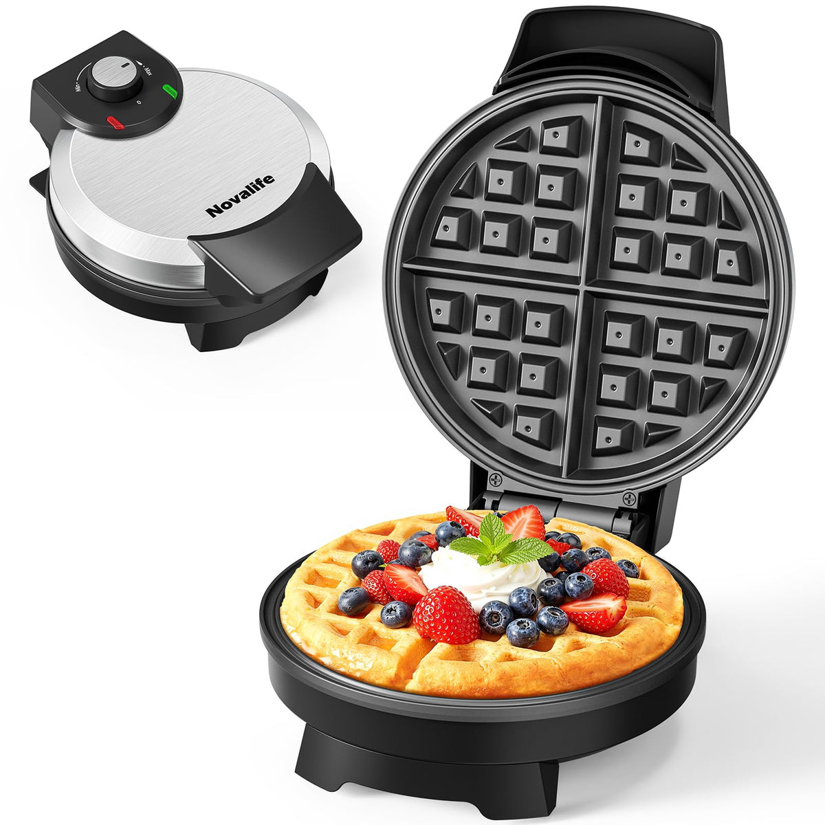 Novalife 7-inch round waffle maker with stainless steel, space-saving storage