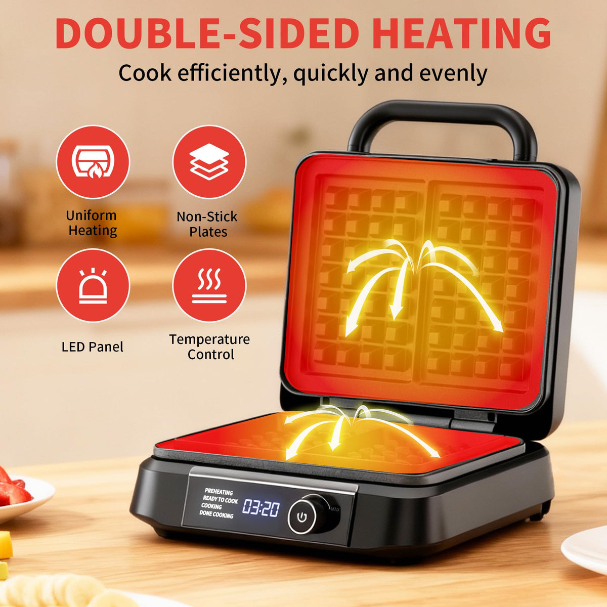 LED browning panel on Novalife waffle maker indicating settings