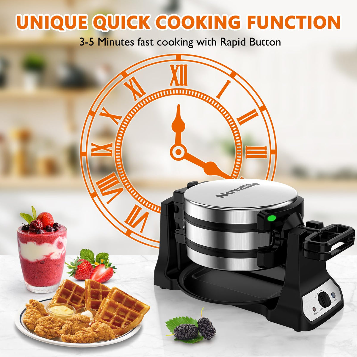 Novalife double Belgian waffle iron baking two waffles at once