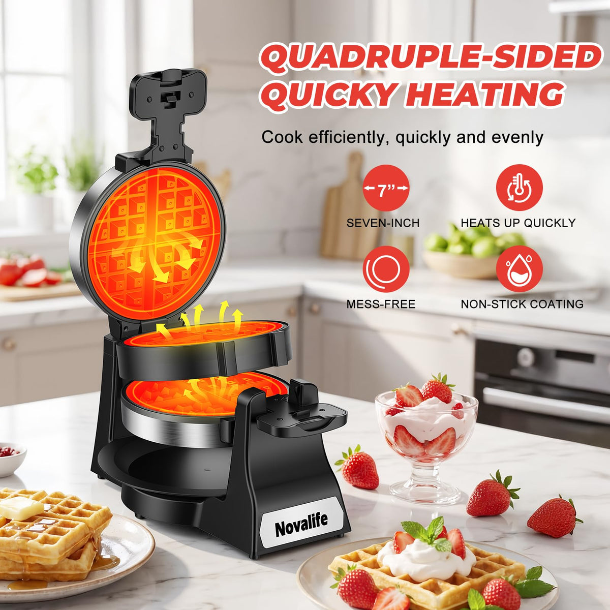 Novalife double-layer Belgian waffle iron bakes two waffles at once.