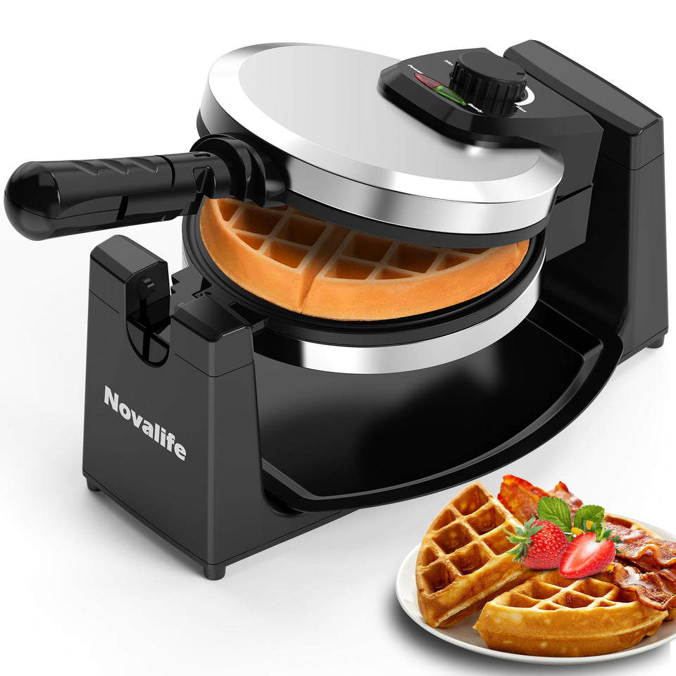 Novalife waffle maker front view, sturdy stainless steel for daily use.