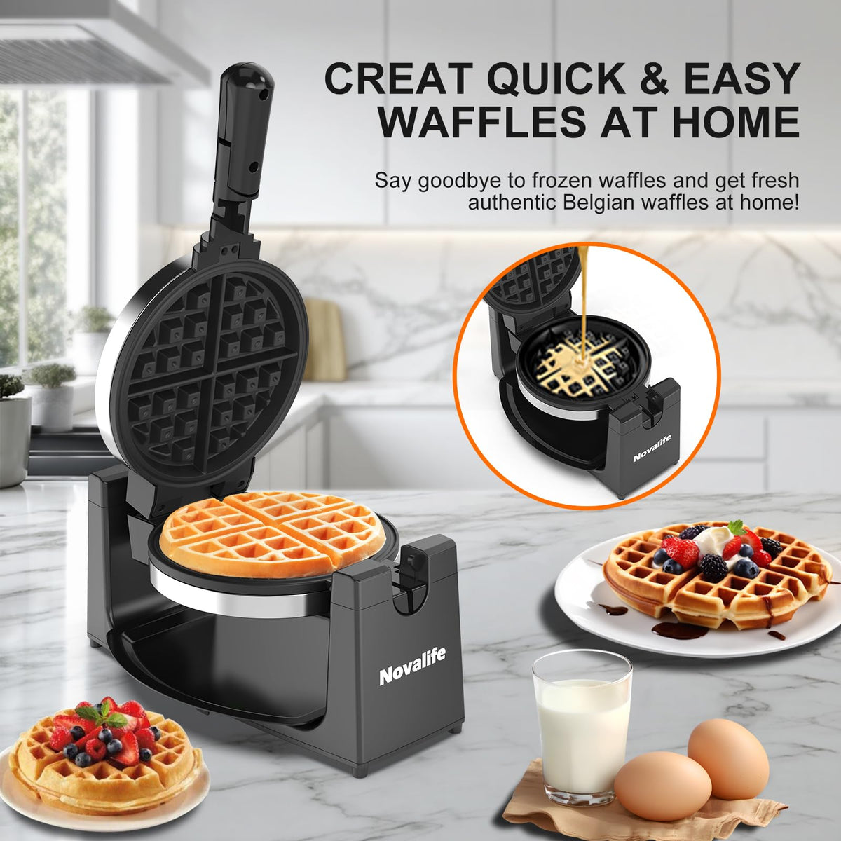 Novalife waffle maker dual indicator lights show preheat and ready status.