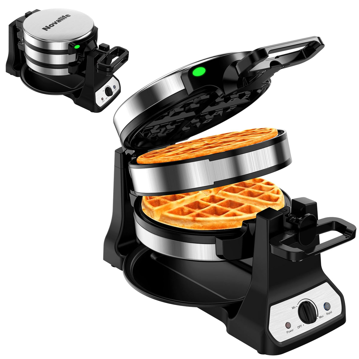 Novalife waffle maker stainless steel front view, durable daily use