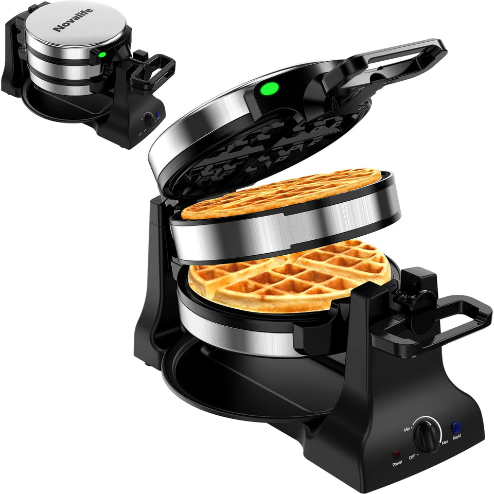 Novalife waffle maker with stainless steel body for durable, easy cleaning.