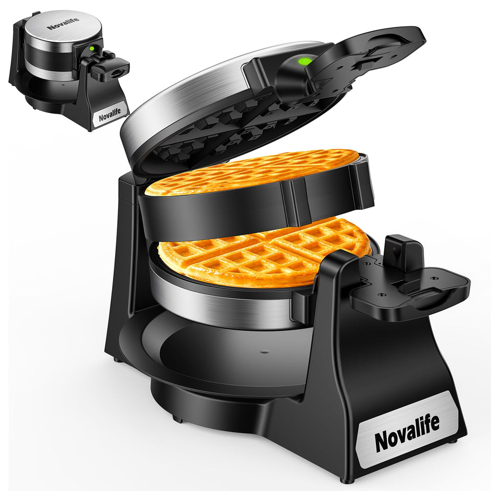 Novalife waffle maker with stainless steel body for durability and easy cleaning.