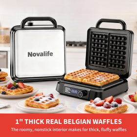 Sleek stainless steel housing of the Novalife waffle maker